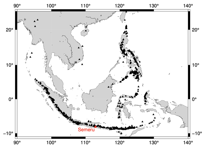 Map showing the location of the active and potentially active volcanoes of Southeast Asia (back triangles), including Semeru (red triangle) located in Eastern Java, Indonesia. Data from Whelley et al., 2015 (Source: Earth Observatory of Singapore) Map showing the location of the active and potentially active volcanoes of Southeast Asia (back triangles), including Semeru (red triangle) located in Eastern Java, Indonesia. Data from Whelley et al., 2015 (Source: Earth Observatory of Singapore)