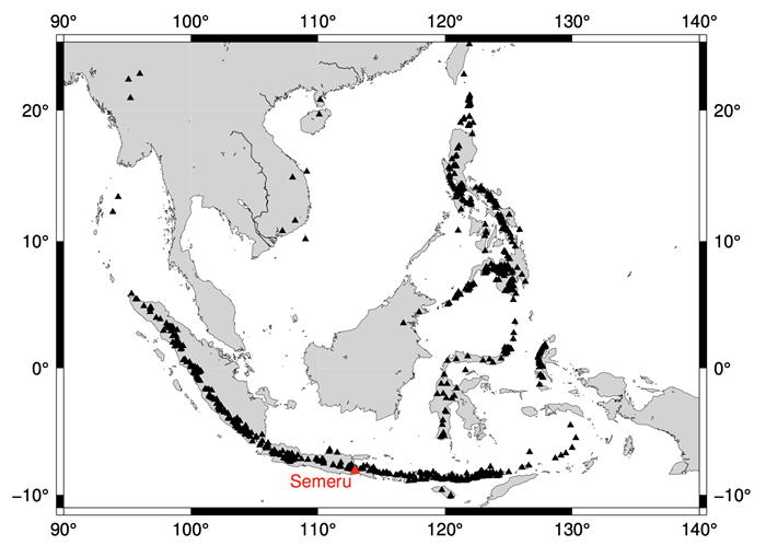 Map showing the location of the active and potentially active volcanoes of Southeast Asia (back triangles), including Semeru (red triangle) located in Eastern Java, Indonesia. Data from Whelley et al., 2015 (Source: Earth Observatory of Singapore)