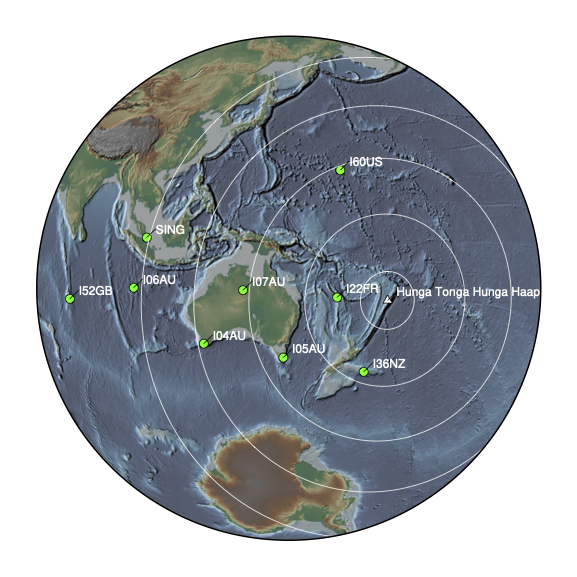 Map showing location of the volcano and infrasound stations