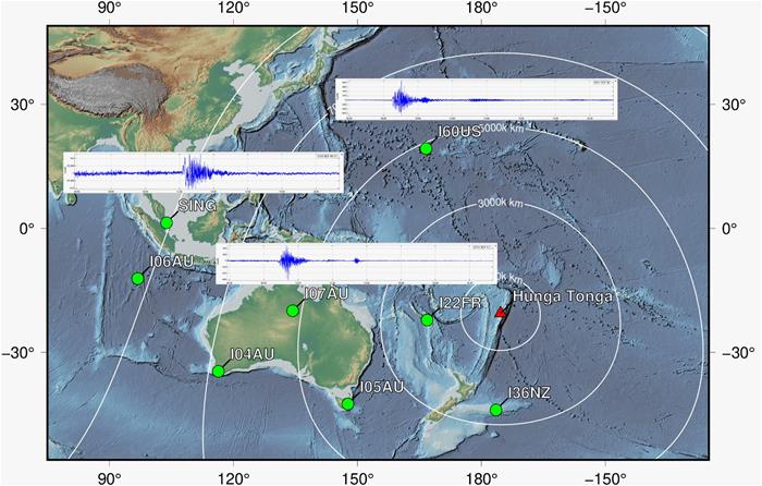 Map of Southeast Asia and Pacific region showing the location of the volcano (red triangle) and the regional infrasound stations (green circles). We also show the infrasound signal recorded at three stations (SING, I60US and I07AU). SING is a station located in Singapore from the Earth Observatory of Singapore. (Source: Anna Perttu and Kyle Bradley using tectoplot/Earth Observatory of Singapore)