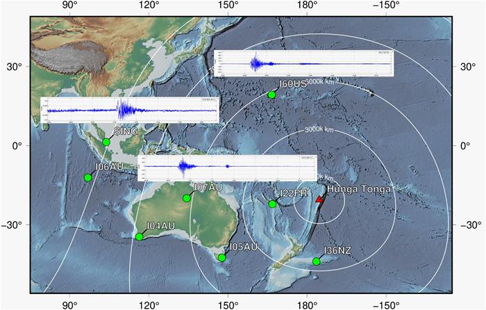 Map of Southeast Asia and Pacific region showing the location of the volcano (red triangle) and the regional infrasound stations (green circles). We also show the infrasound signal recorded at three stations (SING, I60US and I07AU). SING is a station located in Singapore from the Earth Observatory of Singapore. (Source: Anna Perttu and Kyle Bradley using tectoplot/Earth Observatory of Singapore) Map of Southeast Asia and Pacific region showing the location of the volcano (red triangle) and the regional infrasound stations (green circles). We also show the infrasound signal recorded at three stations (SING, I60US and I07AU). SING is a station located in Singapore from the Earth Observatory of Singapore. (Source: Anna Perttu and Kyle Bradley using tectoplot/Earth Observatory of Singapore)