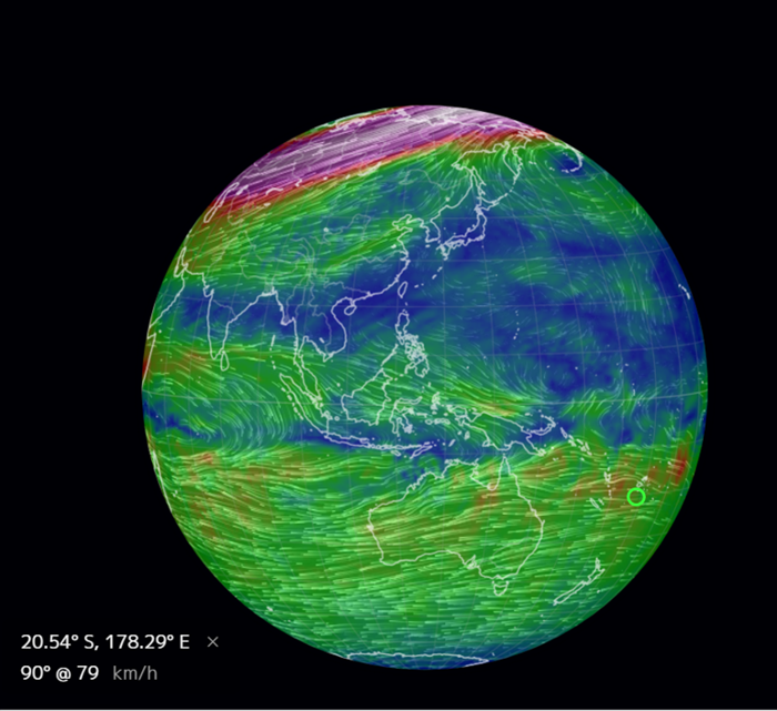 Wind map showing that current winds around Tonga are in the East-West direction (Source: earth.nullschool.net)