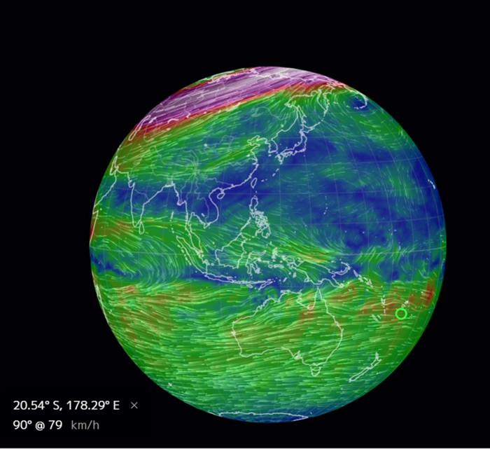 Wind map showing that current winds around Tonga are in the East-West direction (Source: earth.nullschool.net) Wind map showing that current winds around Tonga are in the East-West direction (Source: earth.nullschool.net)