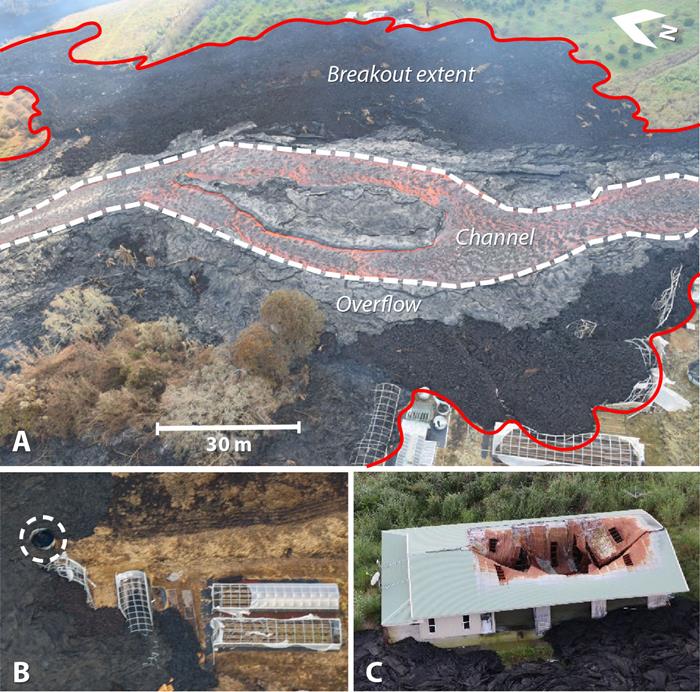 Photographs of damage to structures along the lava flow margin at the breakout and overflows from the lava flow channel (Source: Meredith et al. 2022)