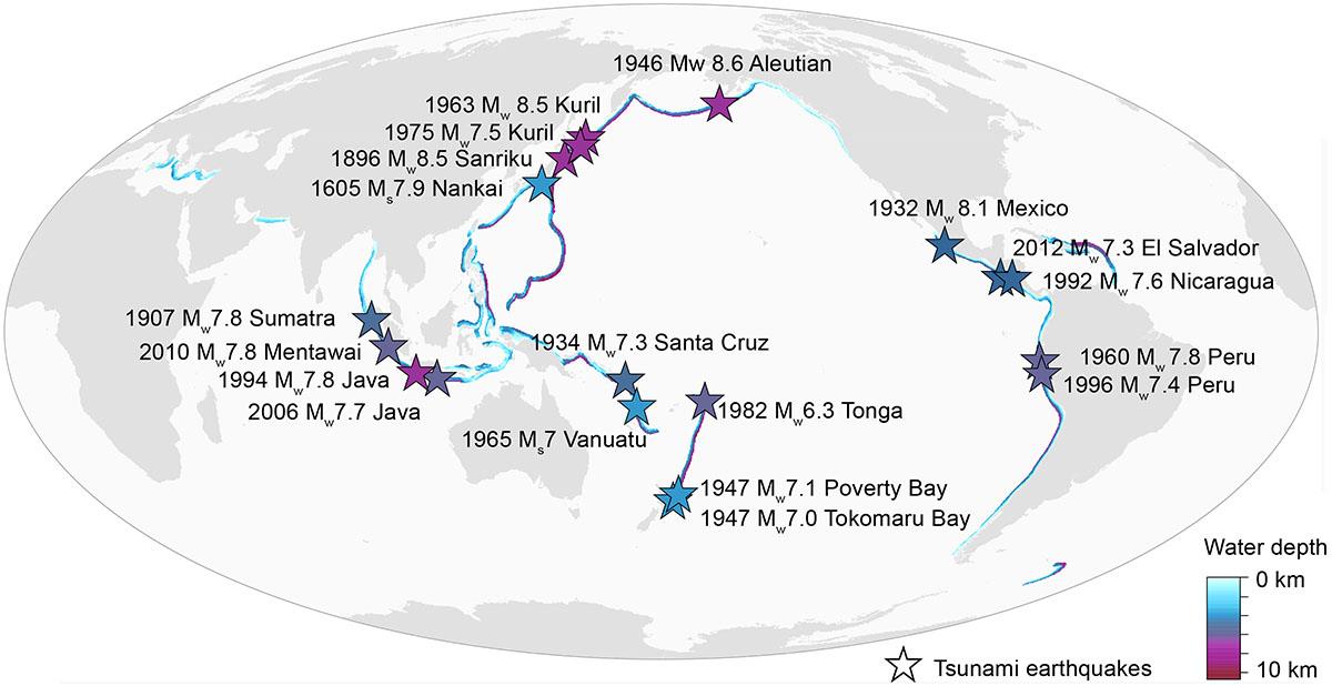 Figure 2: Recorded tsunami earthquakes and associated water depths at subduction zones (Source: Felix et al., 2021)