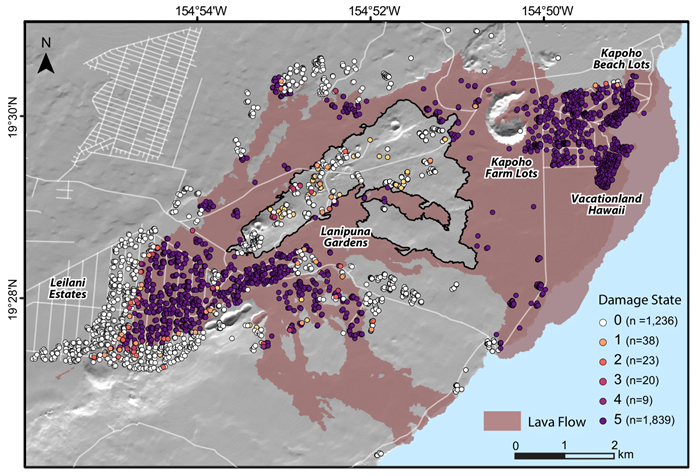 A map of buildings impacted by the lava flows, coloured by damage severity from no damage visible (0) as white to complete destruction (5) as purple (Source: Elinor Meredith/Earth Observatory of Singapore)