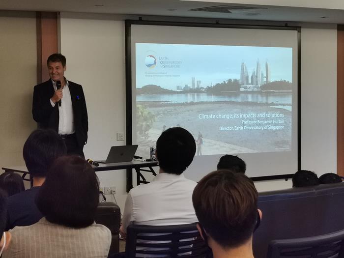 Prof Horton greeting the audience and introducing the topics of discussion (Source: Victoria Khoo/Earth Observatory of Singapore)