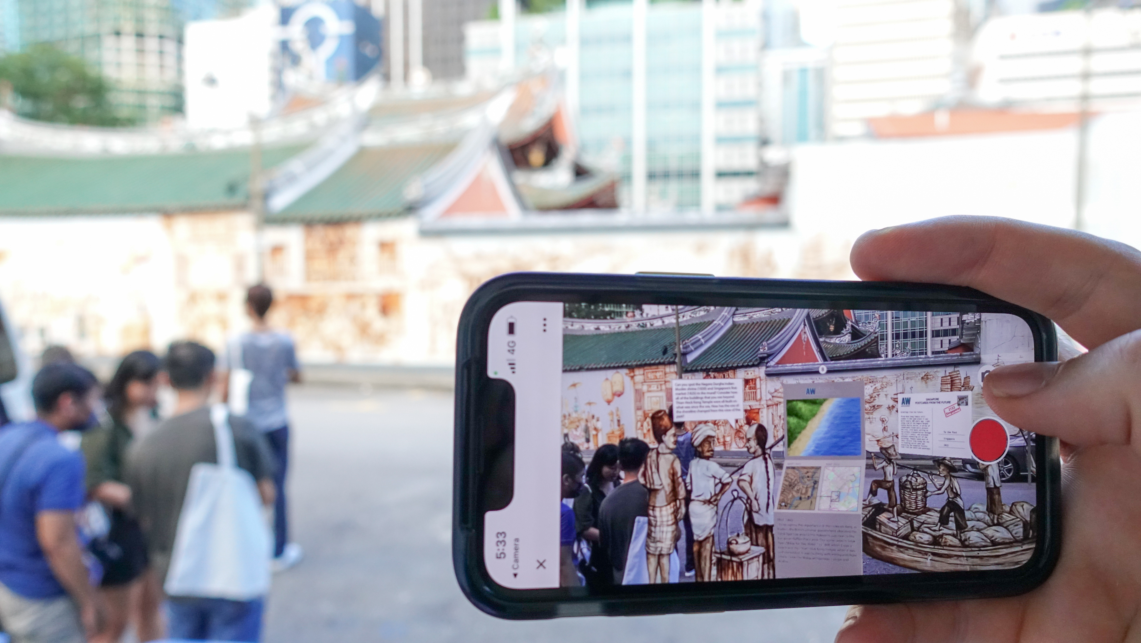 Adapting Waterfronts Augmented Reality (AR) installation (2023) - Site #8 Amoy Street at Thian Hock Keng Mural (Credit: Gabriel Tenaya Kaprielian; Mural and Artwork by Yew Chong Yip) Adapting Waterfronts Augmented Reality (AR) installation (2023) - Site #8 Amoy Street at Thian Hock Keng Mural (Credit: Gabriel Tenaya Kaprielian; Mural and Artwork by Yew Chong Yip)