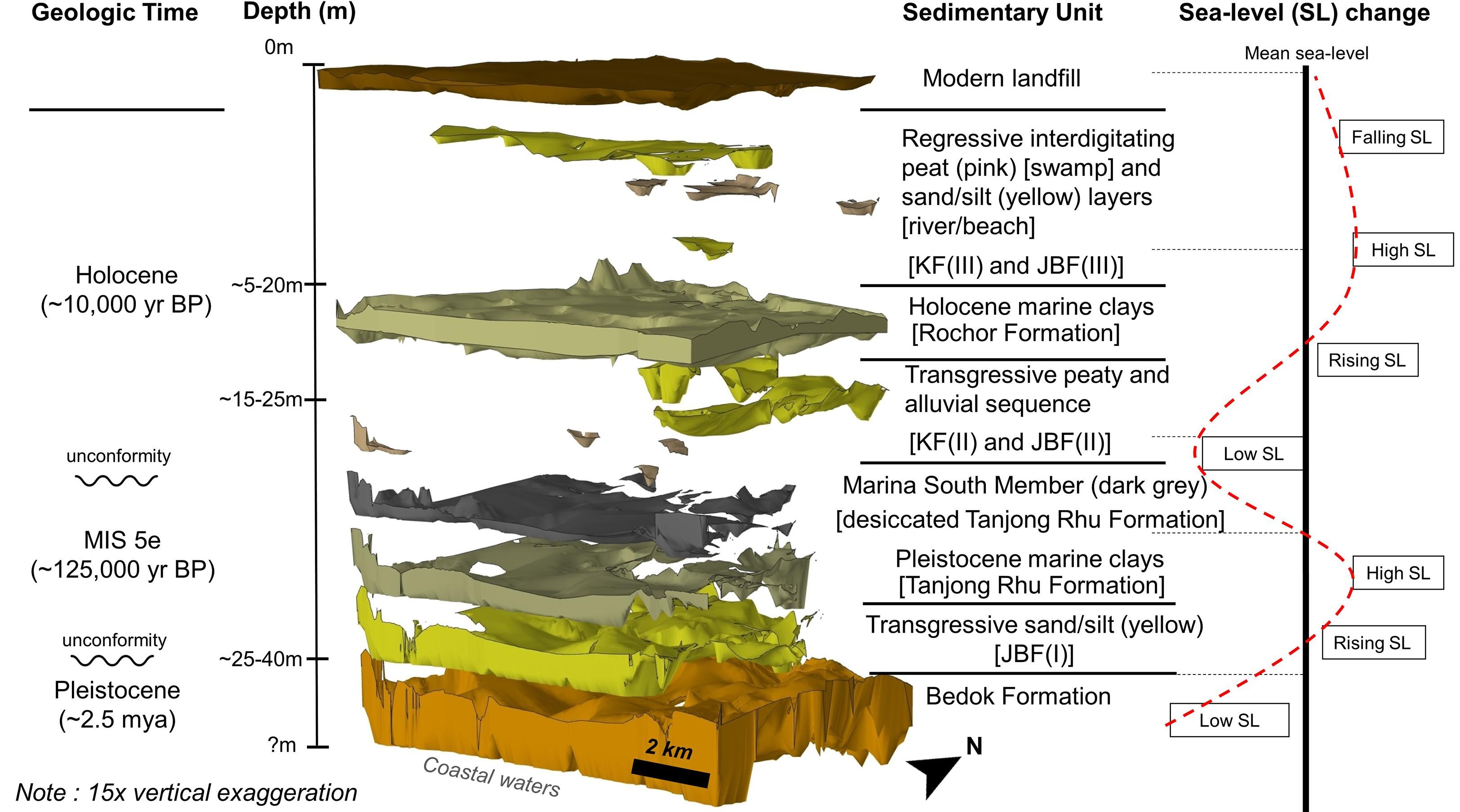 3-dimensional model (exploded) showing the Quaternary (last 2.6 million years) geological units found in the Kallang River Basin (Source: Stephen Chua/Earth Observatory of Singapore)