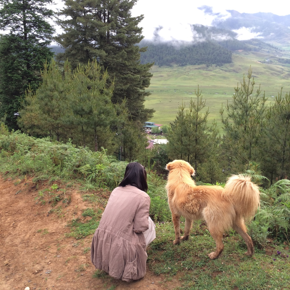 The Beginning - gazing down the Black-necked Crane Valley with a local dog (Source: Skye Lee)