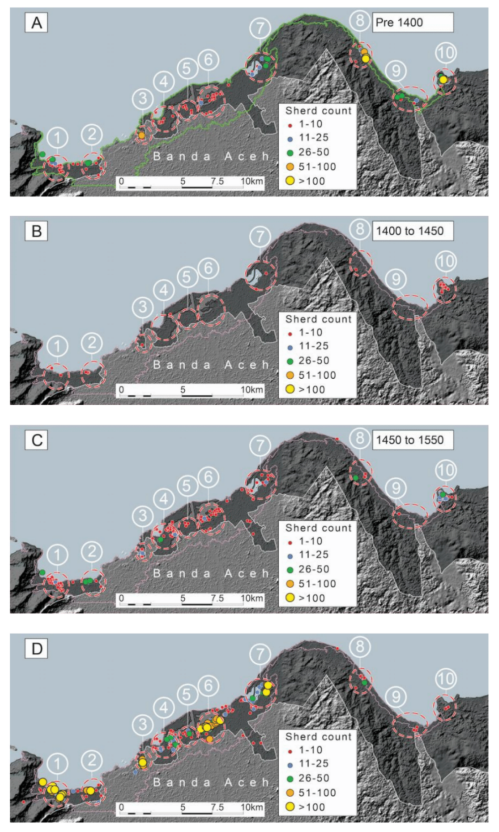 Maps of study area indicating distribution of dated ceramics showing the settlements and the changes in settlement patterns after the 1394 tsunami (Prepared by Y. Descatoire /Earth Observatory of Singapore, Published in Daly et al 2019 PNAS) Maps of study area indicating distribution of dated ceramics showing the settlements and the changes in settlement patterns after the 1394 tsunami (Prepared by Y. Descatoire /Earth Observatory of Singapore, Published in Daly et al 2019 PNAS)
