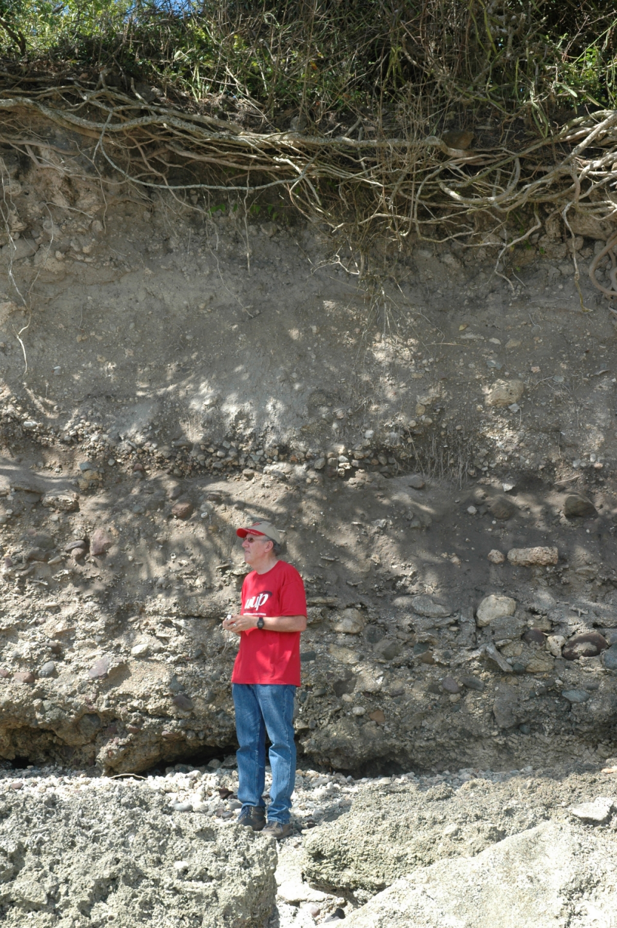 Archaeologist Prof Ezra Zubrow stands beside a coastal cliff eroded by 2004 Indian Ocean tsunami in 2006 (Source: Patrick Daly/Earth Observatory of Singapore)