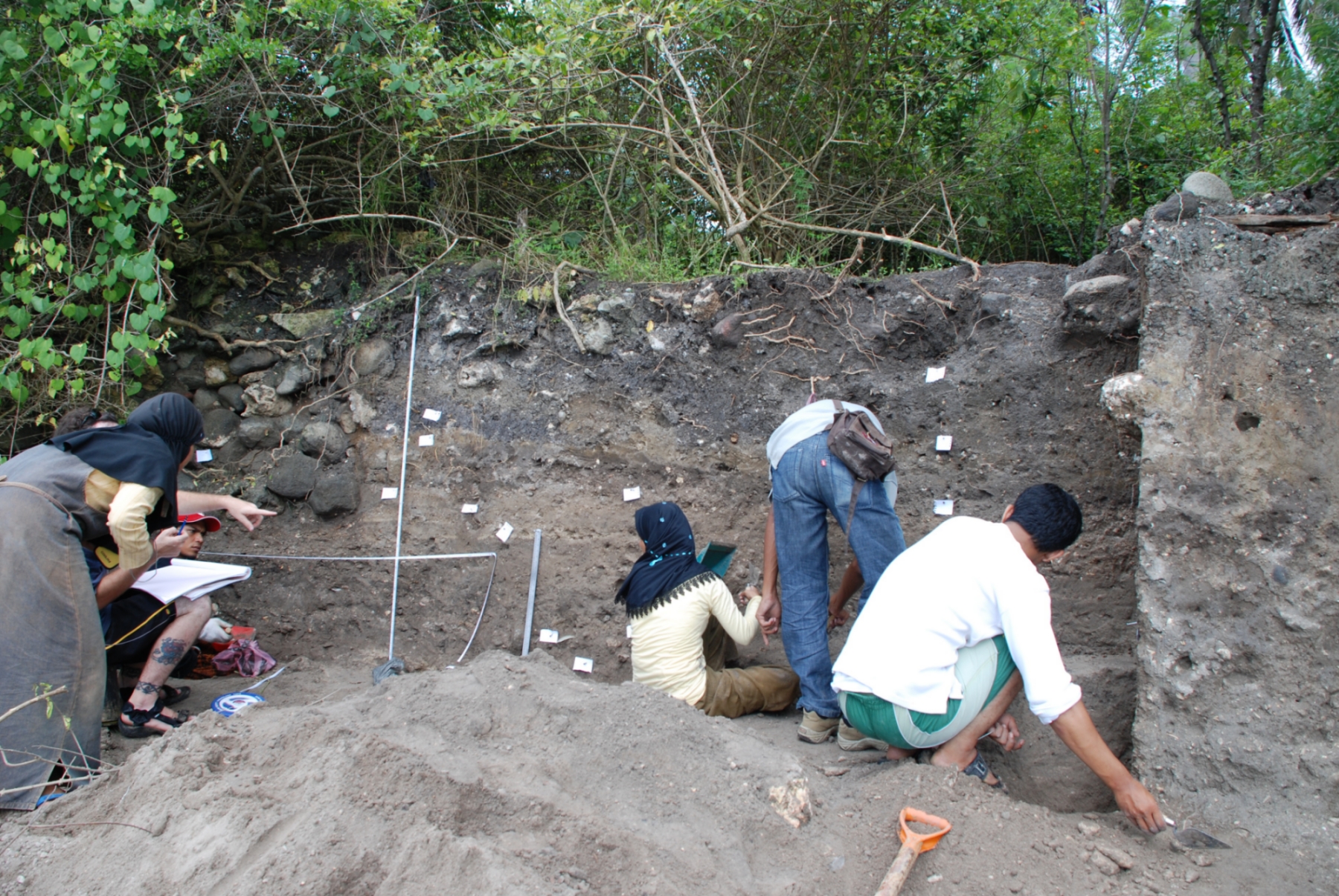 Researchers from the Aceh Heritage Community cutting back the Lamreh beach cliffs in 2008 (Source: Patrick Daly/Earth Observatory of Singapore)