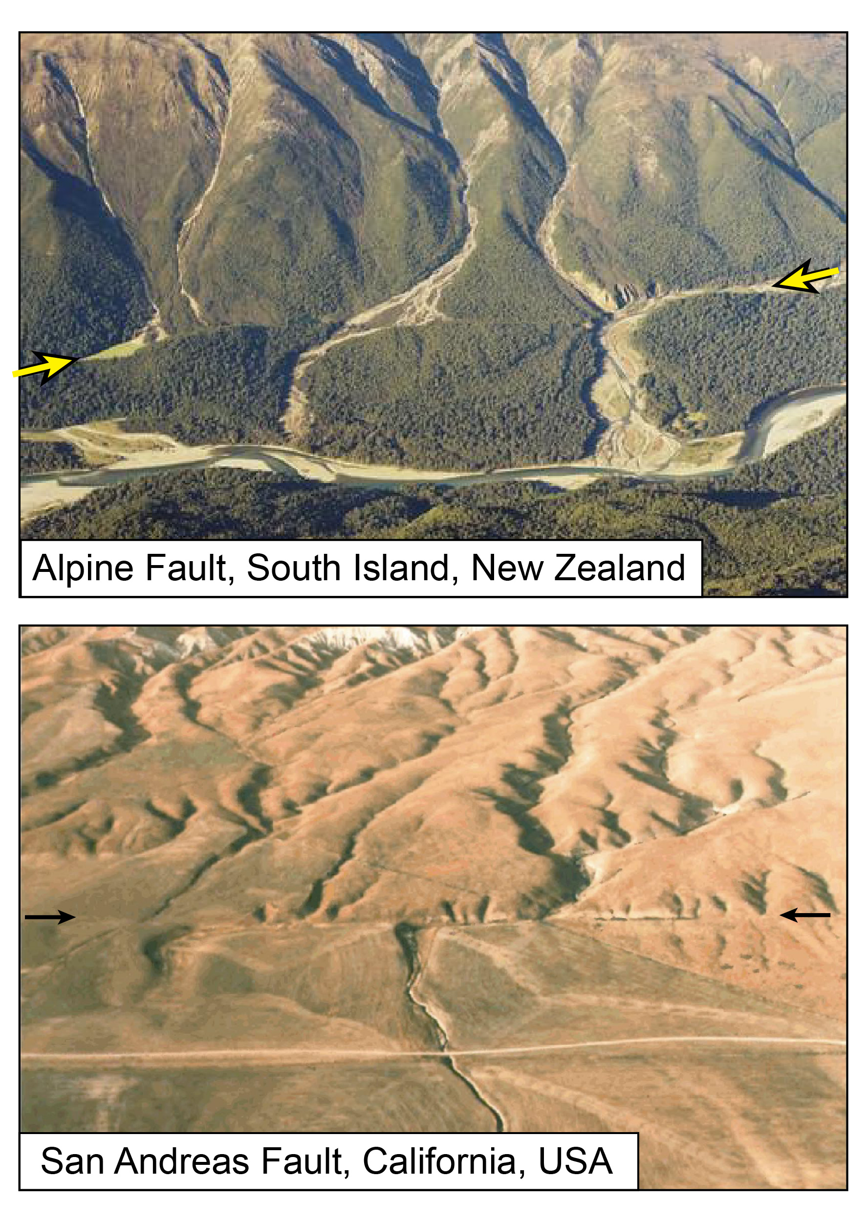 Two of the world’s major strike-slip faults, the Alpine Fault in New Zealand and the San Andreas Fault in the US, are capable of producing large (≈ M 8.0) earthquakes on land. Both fault lines are indicated by the arrows, where fault movements caused the rivers to bend. (Source: GNS and Wikipedia) Two of the world’s major strike-slip faults, the Alpine Fault in New Zealand and the San Andreas Fault in the US, are capable of producing large (≈ M 8.0) earthquakes on land. Both fault lines are indicated by the arrows, where fault movements caused the rivers to bend. (Source: GNS and Wikipedia)