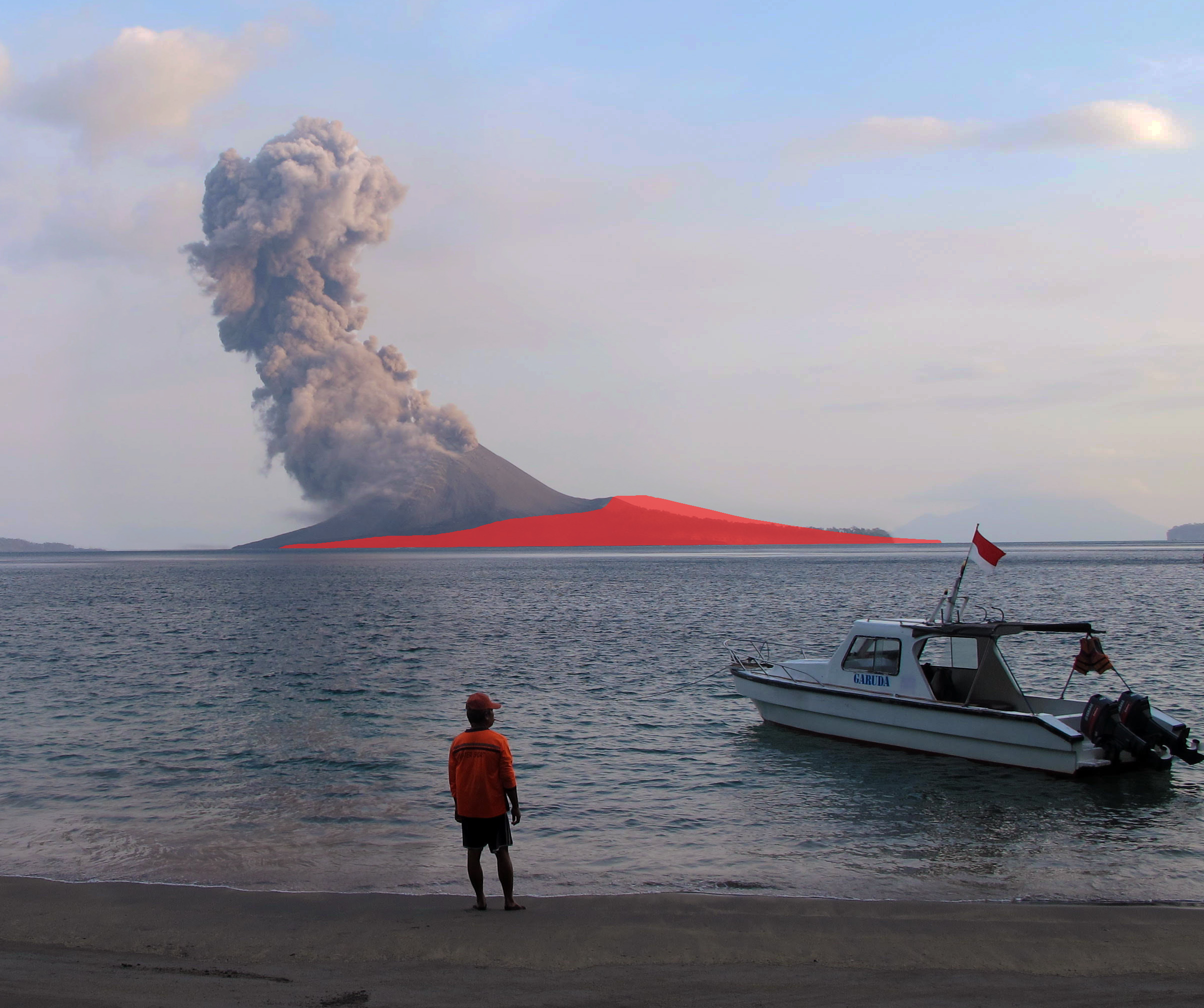 The collapse of Anak Krakatau’s cone left a much smaller edifice (marked in red) in its place (Source: Anna Perttu & Brian Perttu/Earth Observatory of Singapore) The collapse of Anak Krakatau’s cone left a much smaller edifice (marked in red) in its place (Source: Anna Perttu & Brian Perttu/Earth Observatory of Singapore)