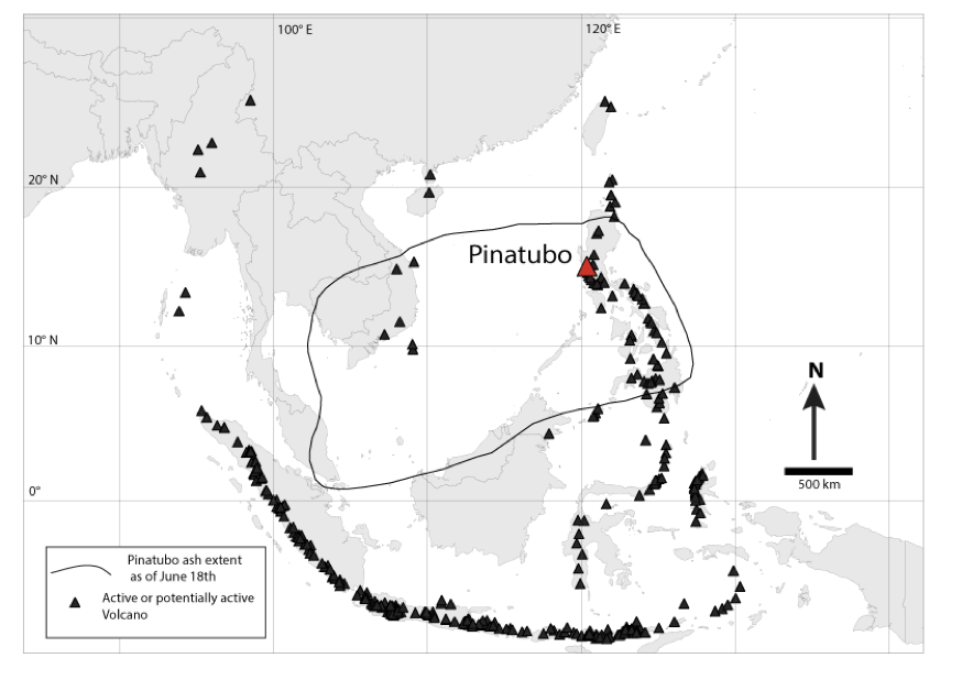 Map showing the extent of the ash plume from Mount Pinatubo on 18th June 1991, and highlighting the numerous active volcanoes in the region (Source: Volcanic Ash and Singapore/ Facebook) Map showing the extent of the ash plume from Mount Pinatubo on 18th June 1991, and highlighting the numerous active volcanoes in the region (Source: Volcanic Ash and Singapore/ Facebook)