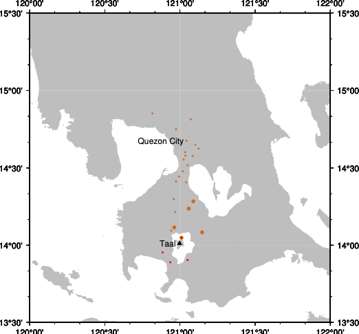 Map showing the areas affected by ashfall from Taal’s eruption, as reported in PHIVOLCS’ volcanic bulletins up until 8 am on 13 January 2020. Legend: small orange circle = ashfall; small red circle = heavy ashfall; large orange circle = lapilli (particles measuring 2 to 64 millimetres in diameter) (Source: Lauriane Chardot/Earth Observatory of Singapore, Data taken from PHIVOLCS)