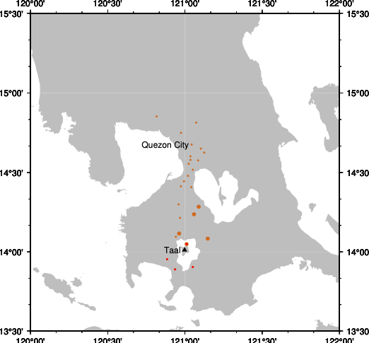 Map showing the areas affected by ashfall from Taal’s eruption, as reported in PHIVOLCS’ volcanic bulletins up until 8 am on 13 January 2020. Legend: small orange circle = ashfall; small red circle = heavy ashfall; large orange circle = lapilli (particles measuring 2 to 64 millimetres in diameter) (Source: Lauriane Chardot/Earth Observatory of Singapore, Data taken from PHIVOLCS) Map showing the areas affected by ashfall from Taal’s eruption, as reported in PHIVOLCS’ volcanic bulletins up until 8 am on 13 January 2020. Legend: small orange circle = ashfall; small red circle = heavy ashfall; large orange circle = lapilli (particles measuring 2 to 64 millimetres in diameter) (Source: Lauriane Chardot/Earth Observatory of Singapore, Data taken from PHIVOLCS)