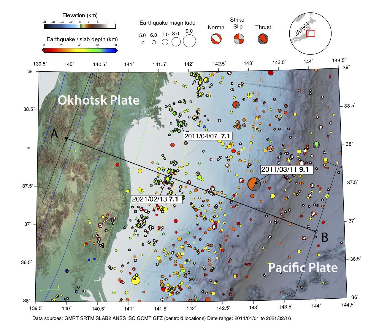 Map showing the location of the 13 February 2021 Mw 7.1 event relative to other earthquakes that occurred in the region from 1 January 2011 to 16 February 2021 (Source: Kyle Bradley/Earth Observatory of Singapore) Map showing the location of the 13 February 2021 Mw 7.1 event relative to other earthquakes that occurred in the region from 1 January 2011 to 16 February 2021 (Source: Kyle Bradley/Earth Observatory of Singapore)