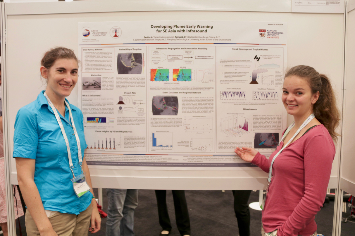 EOS Research Associates Dorianne Tailpied and Anna Perttu proudly presented their research on plume early warning systems at AOGS 2017 (Source: Rachel Siao)