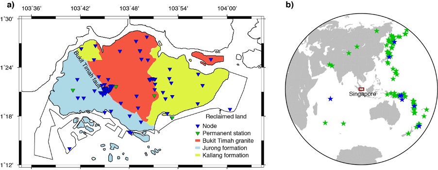 Figure 1: a) Map of Singapore showing the large scale geological structure. Triangles are locations of seismic instruments - blue triangles are the locations of seismometers that were active last year for one month. b) Larger map showing the location of earthquakes used in the study. Adapted from Lythgoe et al 2020 GRL.