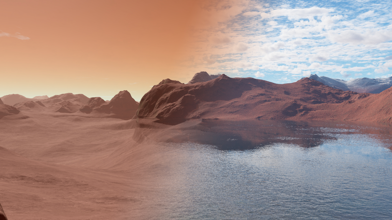 A creative reinterpretation of early Mars with water, and current Mars which is dry and uninhabitable (Source: James Moore) A creative reinterpretation of early Mars with water, and current Mars which is dry and uninhabitable (Source: James Moore)