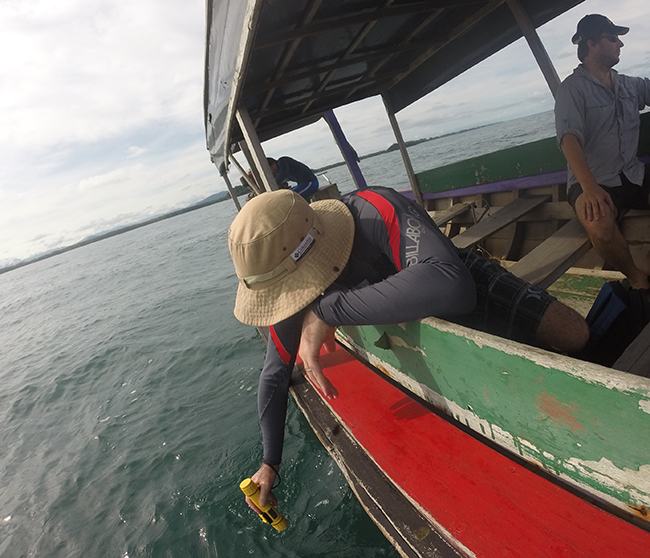 Measuring water depth offshore from Phra Thong Island, Thailand. In upcoming research, samples collected here will be compared to tsunami deposits to try to identify the deepest source of material in the tsunami deposits found more than 6 km away (Source: Wenshu Yap/NTU) 