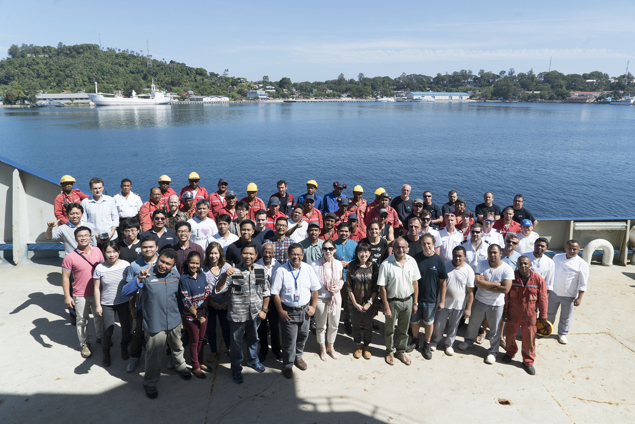 Most of the MIRAGE II team: crew, seismic team, scientists, and students assemble on the deck of R/V Marion Dufresne (Source: EOS/ Monika Naranjo Gonzales) Most of the MIRAGE II team: crew, seismic team, scientists, and students assemble on the deck of R/V Marion Dufresne (Source: EOS/ Monika Naranjo Gonzales)