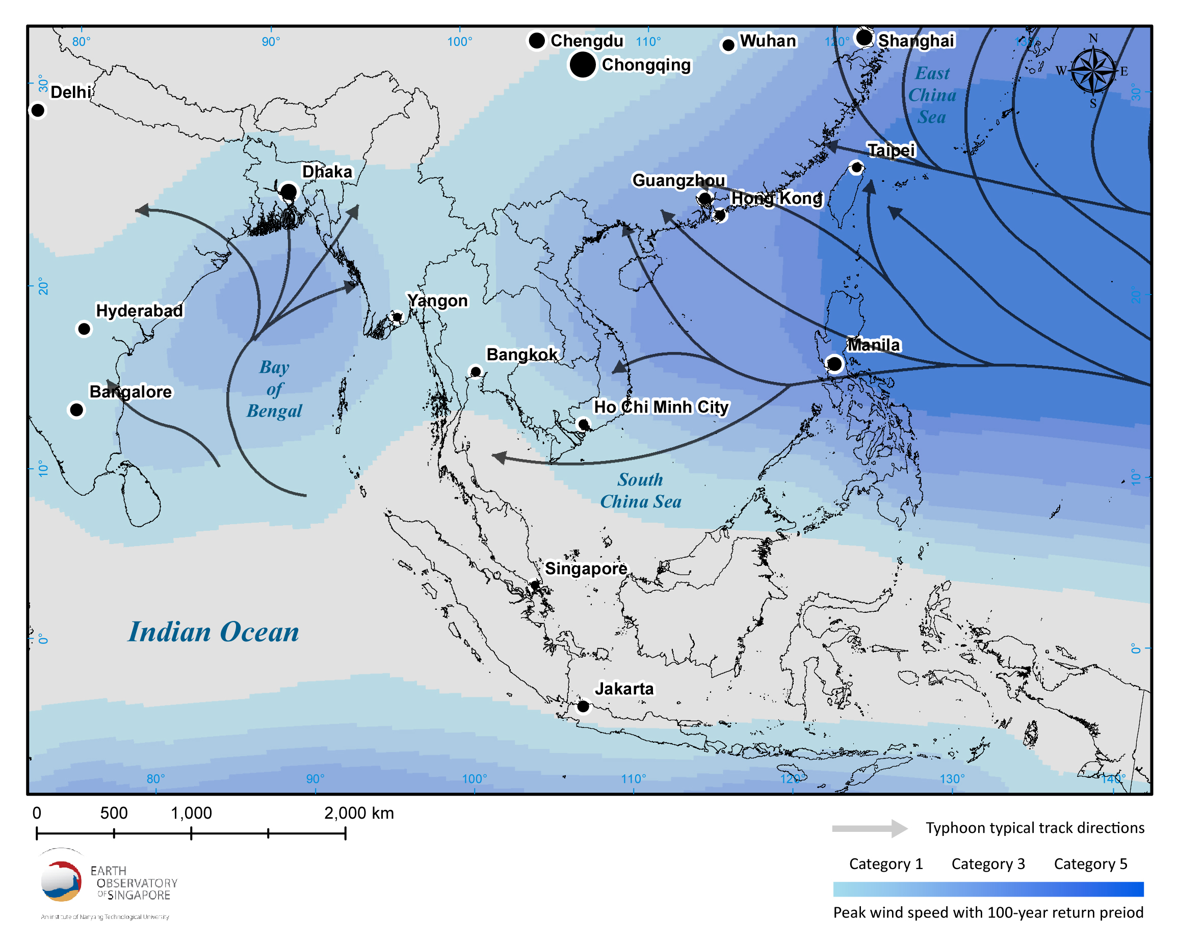 The blue-coloured gradient in the ocean shows the long-term typhoon wind hazard, where the peak gust wind velocity has a 10 per cent probability to exceed the thresholds in 10 years. The grey arrows show the approximate directions of past major typhoons. Data from Global Assessment Report 2013 (Source: Wang Yu/ Earth Observatory of Singapore)