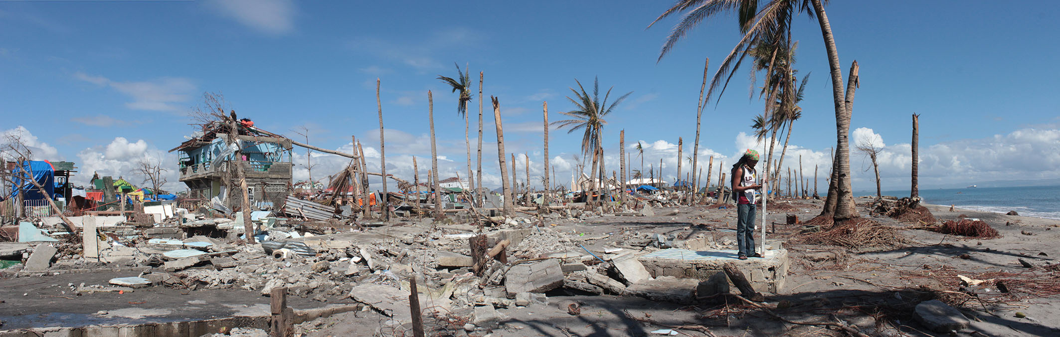 The aftermath of Typhoon Haiyan, which devastated the Philippines in November 2013. The eroded roots, the sand amongst the rubble, and the snapped trunks of the palms give clues to the scientists about the dynamics of the storm surge associated with the typhoon (Source: Lea Soria/ Earth Observatory of Singapore) The aftermath of Typhoon Haiyan, which devastated the Philippines in November 2013. The eroded roots, the sand amongst the rubble, and the snapped trunks of the palms give clues to the scientists about the dynamics of the storm surge associated with the typhoon (Source: Lea Soria/ Earth Observatory of Singapore)