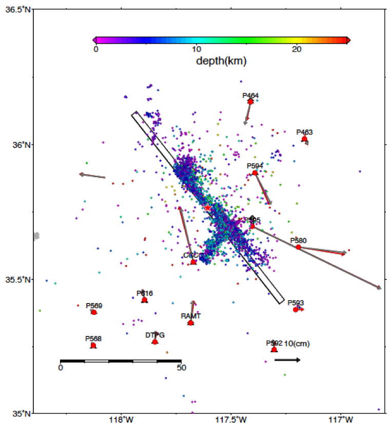 Figure 5. Static GPS fits from the joint inversion model. The smaller arrows indicate the horizontal offsets (data in gray and synthetics in red) and the larger arrows represent the vertical motions. Seismicity is represented by the circles and coloured according to their depths. (Source: Wei Shengji/Earth Observatory of Singapore) 