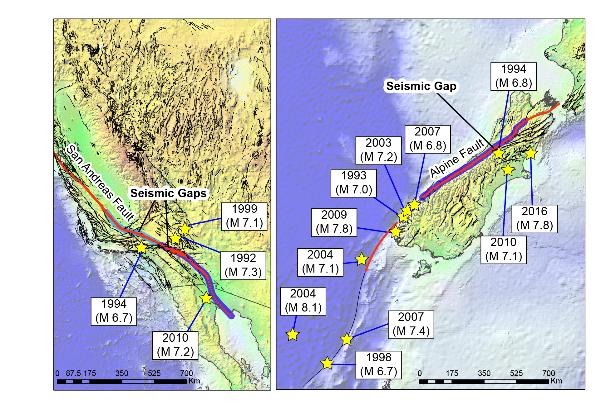 Earthquakes in the past two decades or so near the San Andreas (California) and Alpine (New Zealand) Faults suggest that the southern segments of both are getting ready to produce great earthquakes in the future. The yellow stars denote recent major earthquakes. Earthquakes in the past two decades or so near the San Andreas (California) and Alpine (New Zealand) Faults suggest that the southern segments of both are getting ready to produce great earthquakes in the future. The yellow stars denote recent major earthquakes.