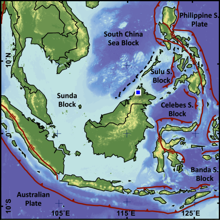 Map showing Mount Kinabalu (indicated by the blue square). Faults in regions that are farther away from plate boundaries take longer time to build up the energy to produce earthquakes (Source: Wang Yu) Map showing Mount Kinabalu (indicated by the blue square). Faults in regions that are farther away from plate boundaries take longer time to build up the energy to produce earthquakes (Source: Wang Yu)