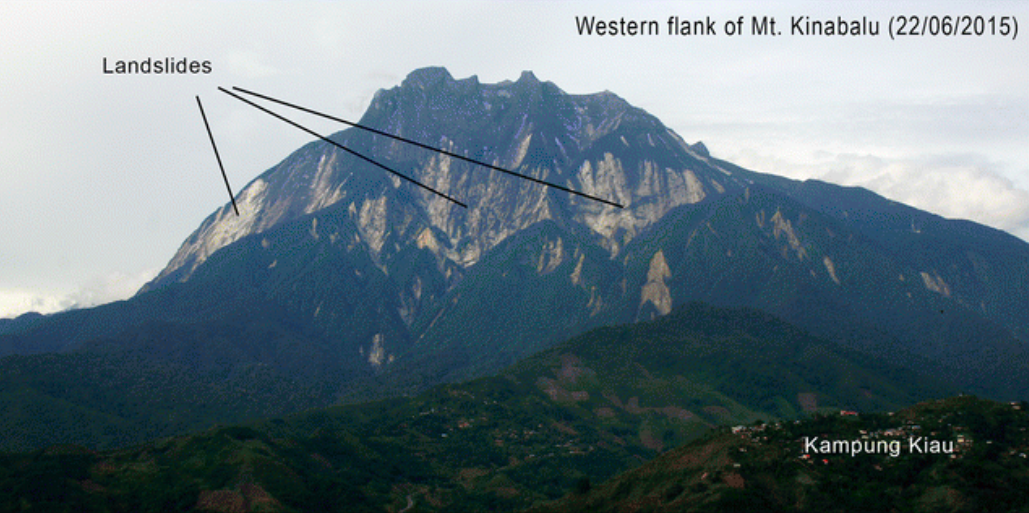 The western flank of Mount Kinabalu after the Sabah earthquake in 2015. The light-coloured patches on the slope are the locations of the landslides triggered by the M 6.0 mainshock (Source: Wang Yu) The western flank of Mount Kinabalu after the Sabah earthquake in 2015. The light-coloured patches on the slope are the locations of the landslides triggered by the M 6.0 mainshock (Source: Wang Yu)