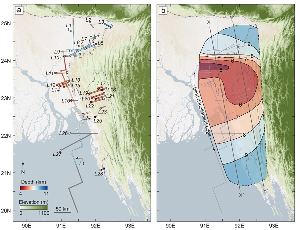 Seismic lines (left) can be used to map out the shape of the megathrust (right). The megathrust is warped downward in the north and south due to the influence of both tectonics and sedimentation, with a shallow “backbone” (dark red) in the middle. The map shows only the shallow part of the fault, which deepens to the east (Source: Bürgi et al. (2021)) Seismic lines (left) can be used to map out the shape of the megathrust (right). The megathrust is warped downward in the north and south due to the influence of both tectonics and sedimentation, with a shallow “backbone” (dark red) in the middle. The map shows only the shallow part of the fault, which deepens to the east (Source: Bürgi et al. (2021))