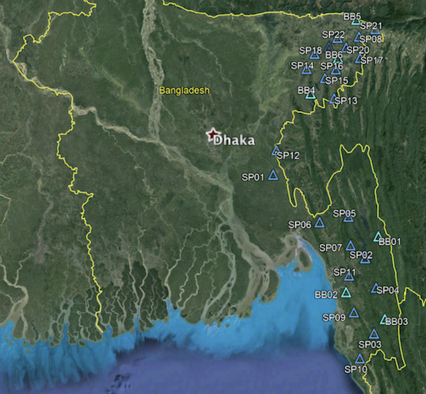 TREMBLE - Temporary Receivers for Monitoring Bangladesh Earthquakes - is a network of seismic stations in northeastern Bangladesh (Source: Earth Observatory of Singapore)