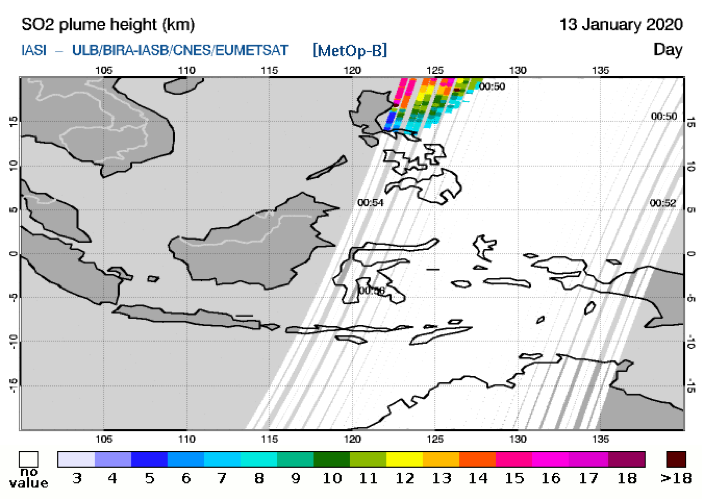 Map showing the height (km) of the SO2 plume on 13 January 2020 (Source: IASI/ULB/BIRA-IASB/CNES/EUMETSAT) Map showing the height (km) of the SO2 plume on 13 January 2020 (Source: IASI/ULB/BIRA-IASB/CNES/EUMETSAT)