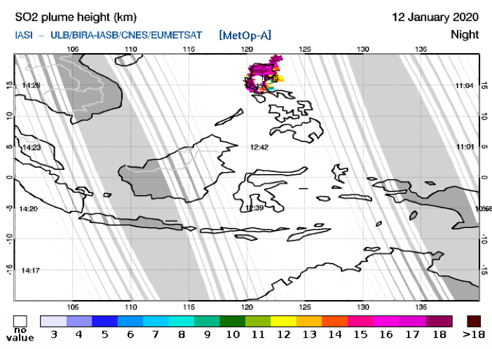 Map showing the height (km) of the SO2 plume on 12 January 2020 (Source: IASI/ULB/BIRA-IASB/CNES/EUMETSAT) Map showing the height (km) of the SO2 plume on 12 January 2020 (Source: IASI/ULB/BIRA-IASB/CNES/EUMETSAT)