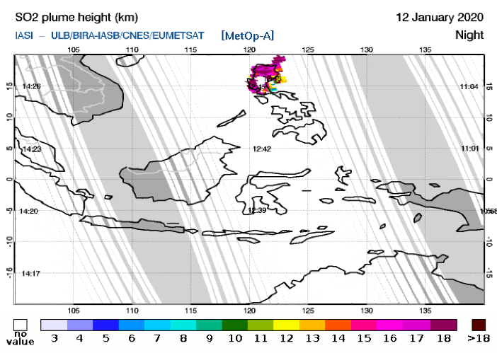 Map showing the height (km) of the SO2 plume on 12 January 2020 (Source: IASI/ULB/BIRA-IASB/CNES/EUMETSAT)