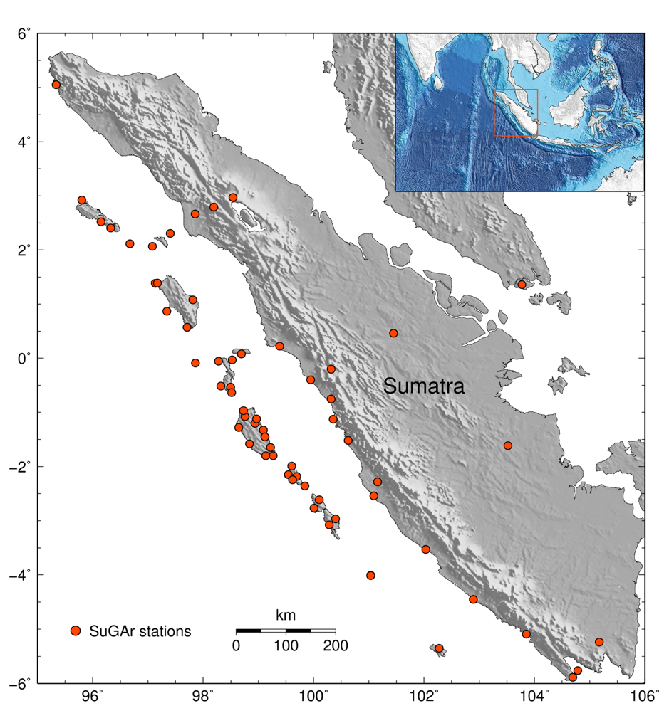 Map of the SuGAr with the red dots indicating the network’s GPS stations (Source: Feng Lujia/Earth Observatory of Singapore)