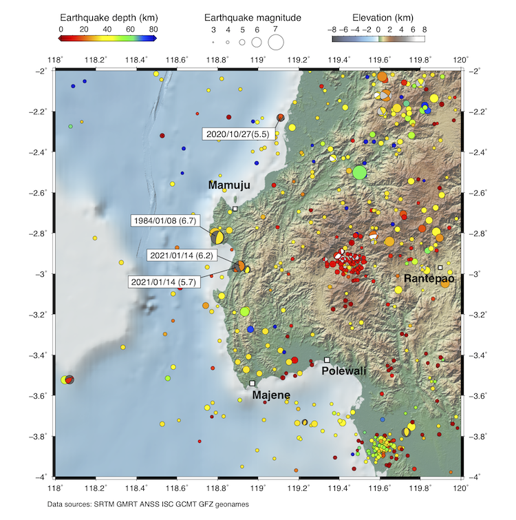 Map showing the location of today’s Mw 6.2 event, of the Mw 5.7 foreshock, of a nearby Mw 6.7 event in 1984, and of a Mw 5.5 event on a similar type of fault to the north in 2020. Time are in UTC. (Source: Kyle Bradley/Earth Observatory of Singapore) Map showing the location of today’s Mw 6.2 event, of the Mw 5.7 foreshock, of a nearby Mw 6.7 event in 1984, and of a Mw 5.5 event on a similar type of fault to the north in 2020. Time are in UTC. (Source: Kyle Bradley/Earth Observatory of Singapore)