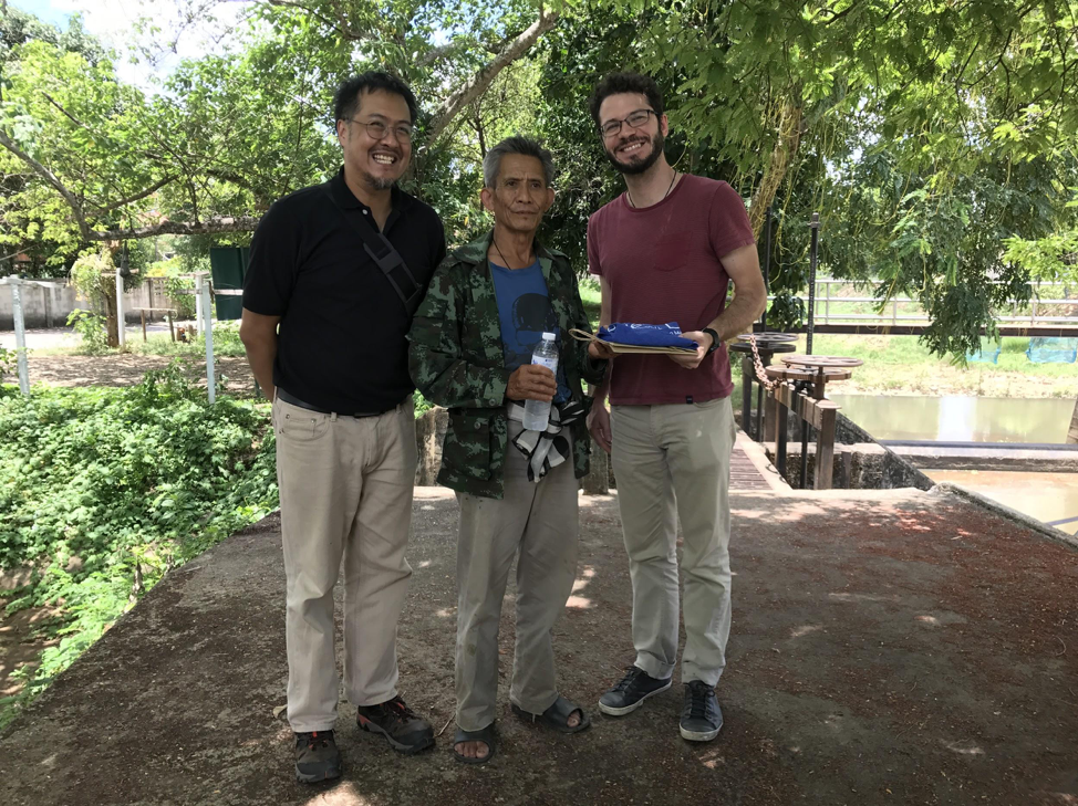 Mr Paskorn Champrasert (left) from OASYS Lab and Asst Prof David Lallemant (right) meeting with Mr Punya Chanchok, a weir controller during a field trip to Mae Chan District. Weir controllers play an important role in communities along rivers as they are responsible for managing and sharing water that comes from rivers (Source: Rachel Siao/Earth Observatory of Singapore)