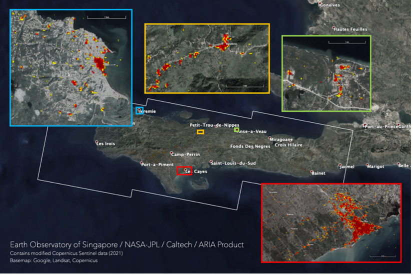 Damage Proxy Map of the Mw 7.2 earthquake that struck Haiti on 14 August 2021, produced by the EOS-RS Lab. Damage is shown by coloured pixels of 30 m in size, where yellow to red indicates increasingly significant ground surface change before and after the event. The map extents are indicated by the white polygon. Derived from synthetic aperture radar data acquired by the Copernicus Sentinel-1 satellites operated by the European Space Agency up to August to 15 August 2021. Analysed by the EOS-RS team at the Earth Observatory of Singapore in collaboration with NASA-JPL and Caltech. More map details and files at: http://ariasg-products.earthobservatory.sg/EOS-RS_202108_Haiti_Earthquake. Damage Proxy Map of the Mw 7.2 earthquake that struck Haiti on 14 August 2021, produced by the EOS-RS Lab. Damage is shown by coloured pixels of 30 m in size, where yellow to red indicates increasingly significant ground surface change before and after the event. The map extents are indicated by the white polygon. Derived from synthetic aperture radar data acquired by the Copernicus Sentinel-1 satellites operated by the European Space Agency up to August to 15 August 2021. Analysed by the EOS-RS team at the Earth Observatory of Singapore in collaboration with NASA-JPL and Caltech. More map details and files at: http://ariasg-products.earthobservatory.sg/EOS-RS_202108_Haiti_Earthquake.