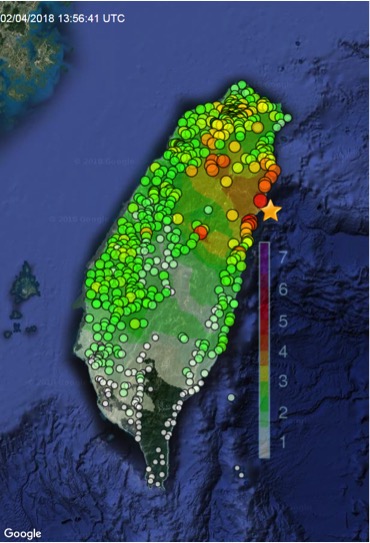 The image above shows the ground motions produced by the M 5.8 earthquake that took place on 4 February 2018. This is based on the data collected by Taiwan’s P-alert Earthquake Early Warning system and real-time monitoring system. The green dots indicate the areas where the earthquake’s ground motions were felt by the residents. The orange dots show the locations where the ground motions were strong enough to cause alarm. (Source: P-alert real-time monitoring system)