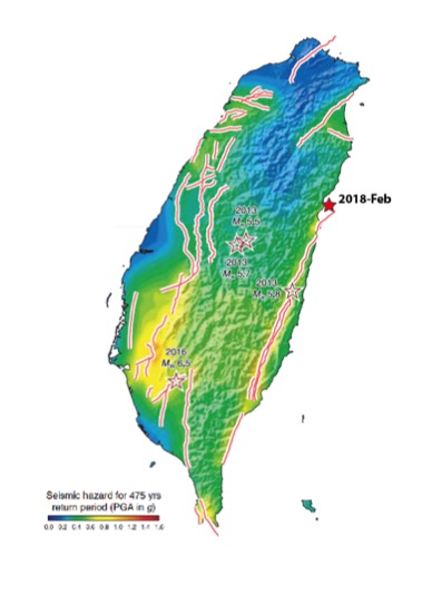The time-dependent earthquake model showing Taiwan in the middle of the year 2016. The yellow and orange areas indicate the locations where earthquake hazards are expected to be high in the near future (Source: Chan et al., 2017, BSSA) The time-dependent earthquake model showing Taiwan in the middle of the year 2016. The yellow and orange areas indicate the locations where earthquake hazards are expected to be high in the near future (Source: Chan et al., 2017, BSSA)