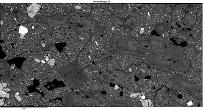 Back scattered electron image showing large zoned plagioclase crystals from a sample of 1947 Mayon lava