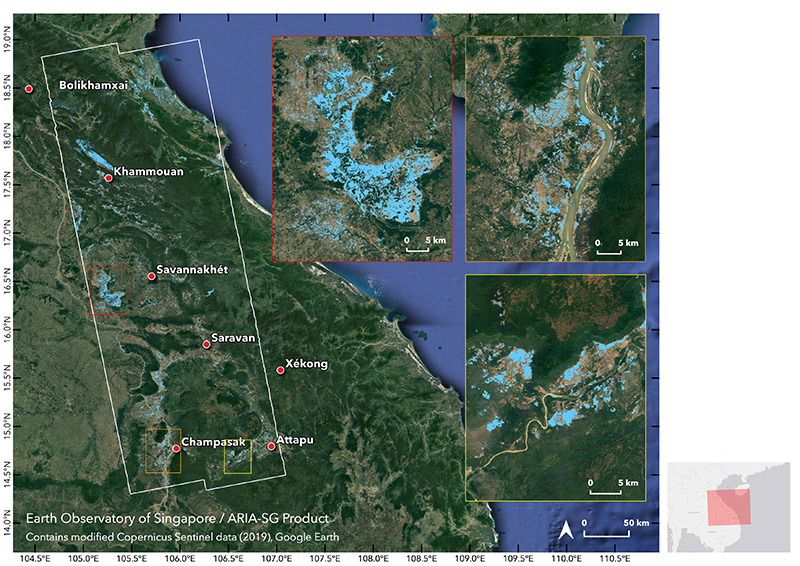 ARIA-SG Flood Proxy Map: Laos Floods, 6 Sep 2019, v0.1 This preliminary map shows areas that are likely flooded (shown by light blue pixels of 30 m in size) in southern Laos due to heavy rains brought by Tropical Storm Podul a week before, and Tropical Depression Kajiki. The map extents are indicated by the white polygon. This map should be used as a guidance to identify areas that are likely flooded, and is less reliable over urban and vegetated areas. Derived from synthetic aperture radar data acquired by the Copernicus Sentinel-1 satellites operated by the European Space Agency (ESA) before (3 Apr) and during (6 Sep) the event. Analysed by the ARIA-SG team at the Earth Observatory of Singapore (EOS), using the ARIA-SG system originally developed by NASA-JPL and Caltech. Data processing used an AWS Open Dataset of Copernicus Sentinel-1 data for the Asia region (https://registry.opendata.aws/sentinel1-slc-seasia-pds).