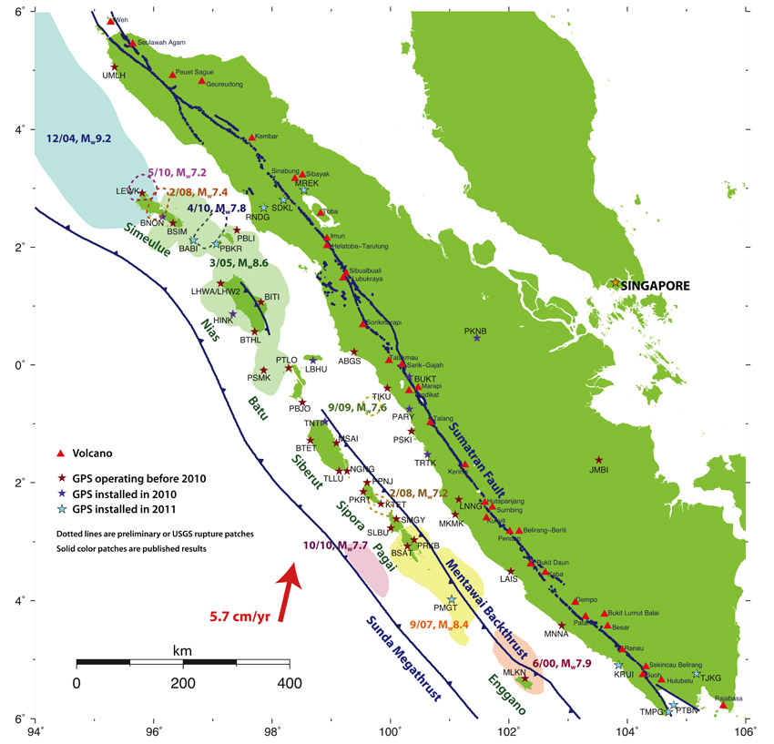 Map showing SuGAr stations, recent rupture patches on the Sunda megathrust, and volcanoes in Sumatra
