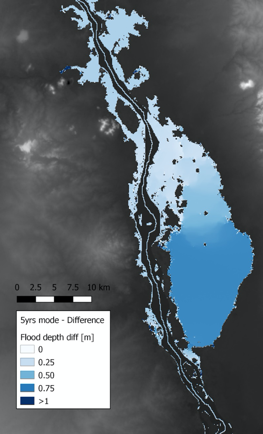 Difference in flood extent and depth between the current and deforestation scenarios in the area of Monywa, for the 5-year return period (Source: Mariano Balbi)