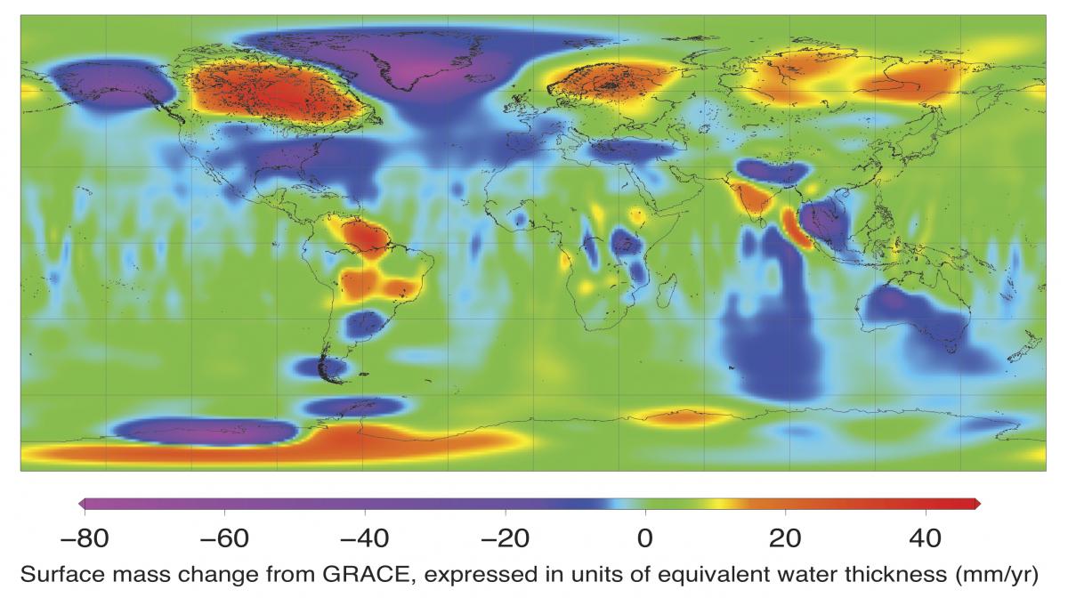Fig 3: World map showing GRACE estimates of mass change for the period 2002-2009.